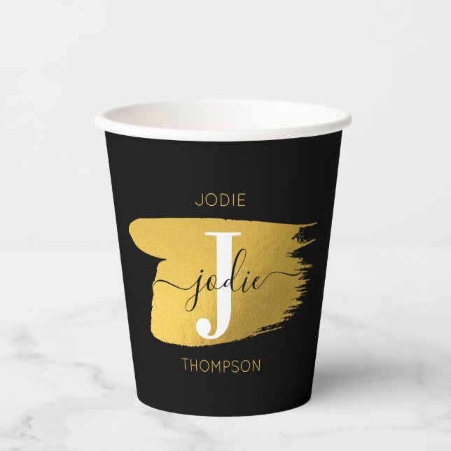 Modern Black & Gold Script Monogram Initial Paper Cups (Front)