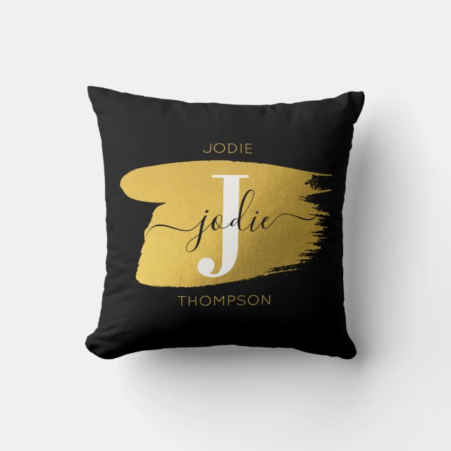 Modern Black & Gold Script Monogram Initial Throw Pillow (Front)
