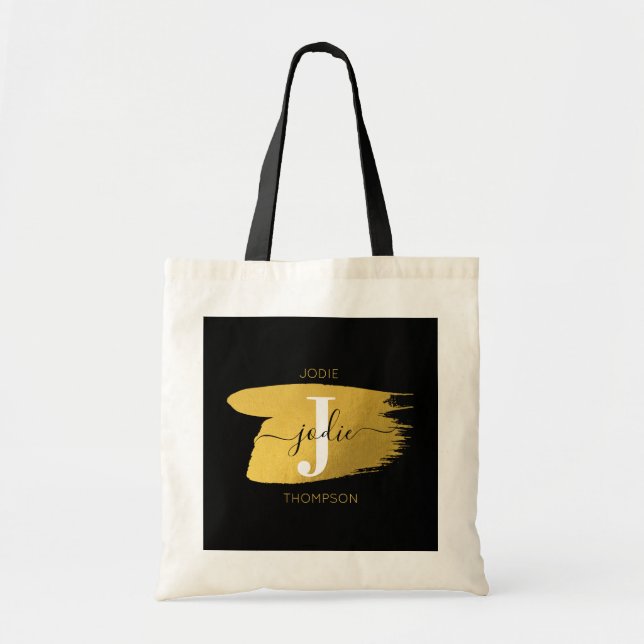 Modern Black & Gold Script Monogram Initial Tote Bag (Front)