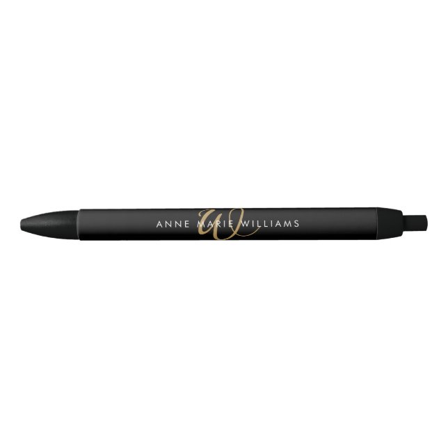 Modern Black Gold Script Monogram Ink Pen (Front)