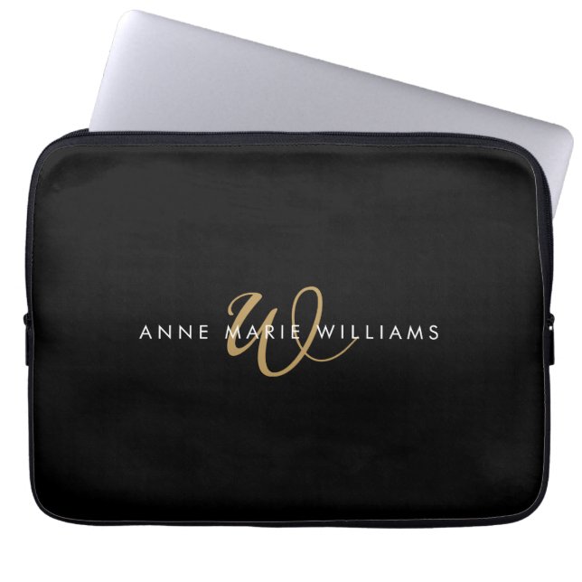 Modern Black Gold Script Monogram  Laptop Sleeve (Front)