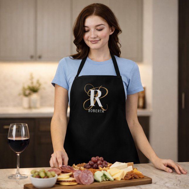 Modern Black Gold Script Monogram Name Apron (Creator Uploaded)