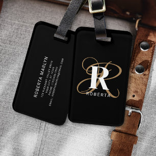 Modern Black Gold Script Monogram Name Luggage Tag