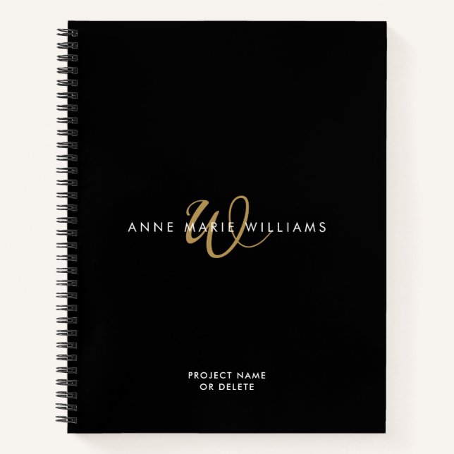 Modern Black Gold Script Monogram Notebook (Front)