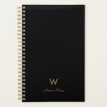 Modern Black Gold Script Monogram Planner<br><div class="desc">A modern,  elegant monogram design with gold handwritten minimalist script typography and sans serif block typography on an elegant black background. The monogram and name can be easily personalized.</div>