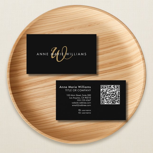 Modern Black Gold Script Monogram QR Code Business Card (Creator Uploaded)