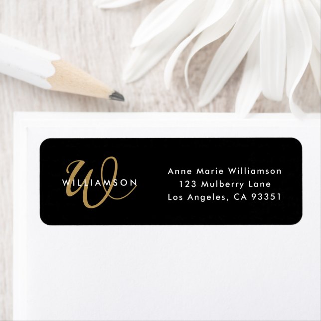 Modern Black Gold Script Monogram Return Address (Insitu)