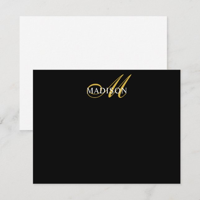 Modern Black Gold Script Monogram Serif Name Black Card (Front/Back)