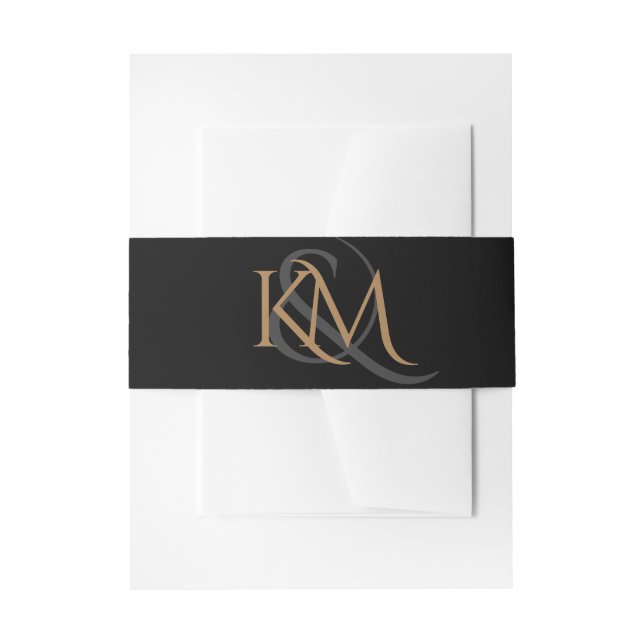 Modern Black Gold Script Monogram Simple Wedding Invitation Belly Band (Front Example)