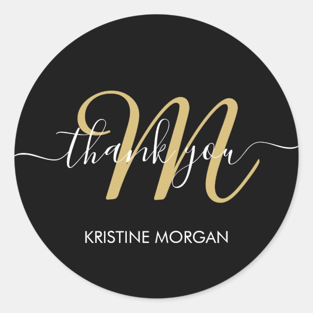 Modern black gold script monogram thank you classic round sticker (Front)