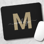 Modern Black Gold Script Name Initial Monogram Mouse Pad<br><div class="desc">Personalized Elegant Modern Black Gold Script Initial Name Monogram Mouse Pad. Add a touch of sophistication to your workspace with this chic mouse pad. It features a flat gold-coloured initial (without shimmer or foil) centred on a sleek black background. The refined design combines elegance with practicality, making it a perfect...</div>