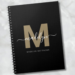 Modern Black Gold Script Name Initial Monogram Notebook