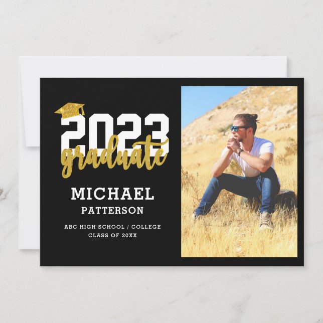 Modern Black Gold Script Photo Graduation Announcement (Front)