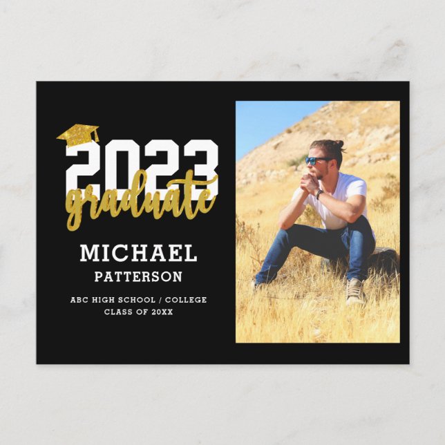 Modern Black Gold Script Photo Graduation Announcement Postcard (Front)