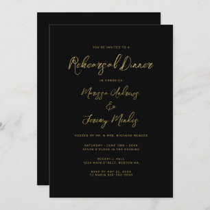 Modern Black Gold Script Rehearsal Dinner Invitation