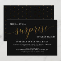 Modern Black & Gold Script Surprise Birthday Party