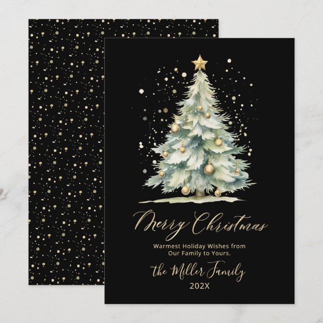 Modern Black Gold Script Tree Non Photo Christmas Holiday Card (Front/Back)