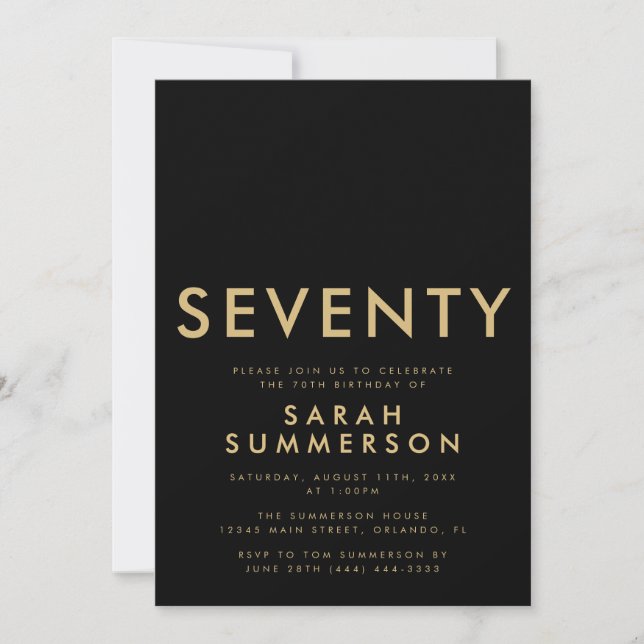 Modern Black Gold Seventy 70th Birthday Party Invitation (Front)