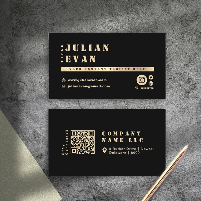 Modern Black & Gold Shiny Stencil Bold Typography Business Card (Elegant Navy blue & Gold Shiny Bold Typography Business Card)