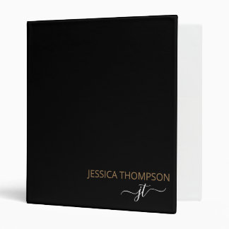 Modern Black Gold Simple Script Monogram Name Binder