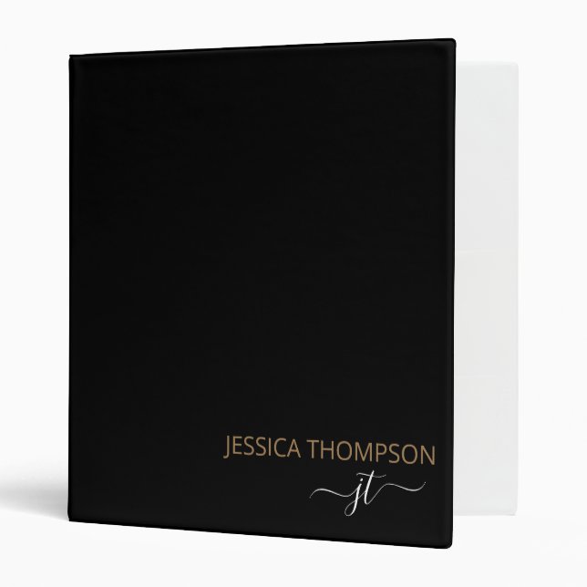 Modern Black Gold Simple Script Monogram Name Binder (Front/Inside)