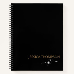 Modern Black Gold Simple Script Monogram Name Notebook