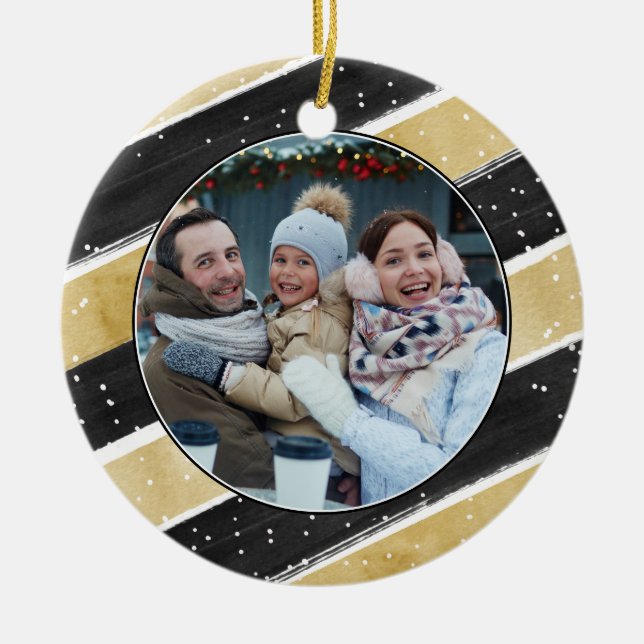 Modern Black & Gold Snowflake Stripes Holiday Ceramic Ornament (Front)