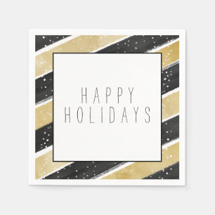 Modern Black & Gold Snowflake Stripes Holiday Napkin