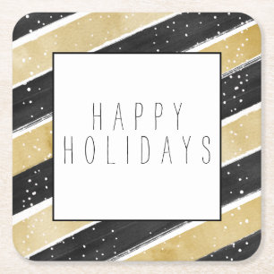 Modern Black & Gold Snowflake Stripes Holiday Square Paper Coaster
