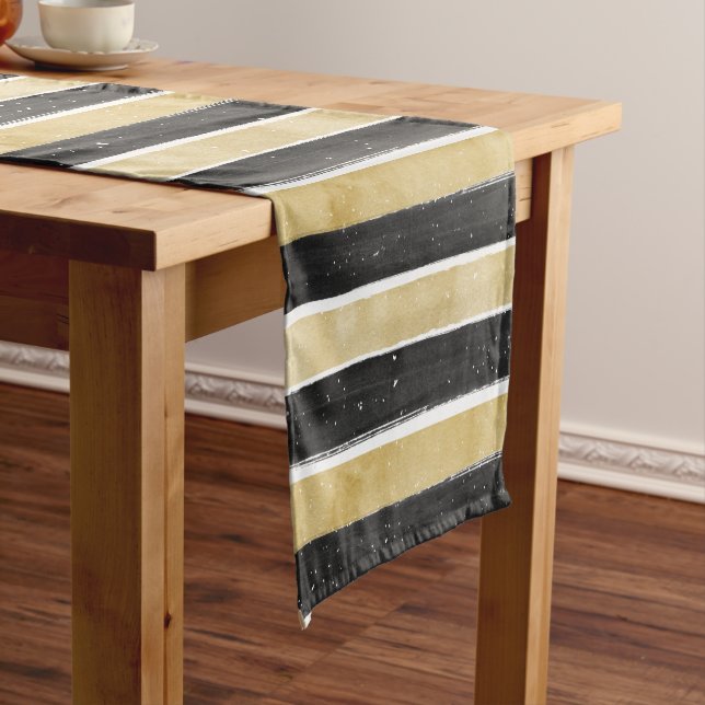Modern Black & Gold Snowflake Stripes Short Table Runner (In Situ)