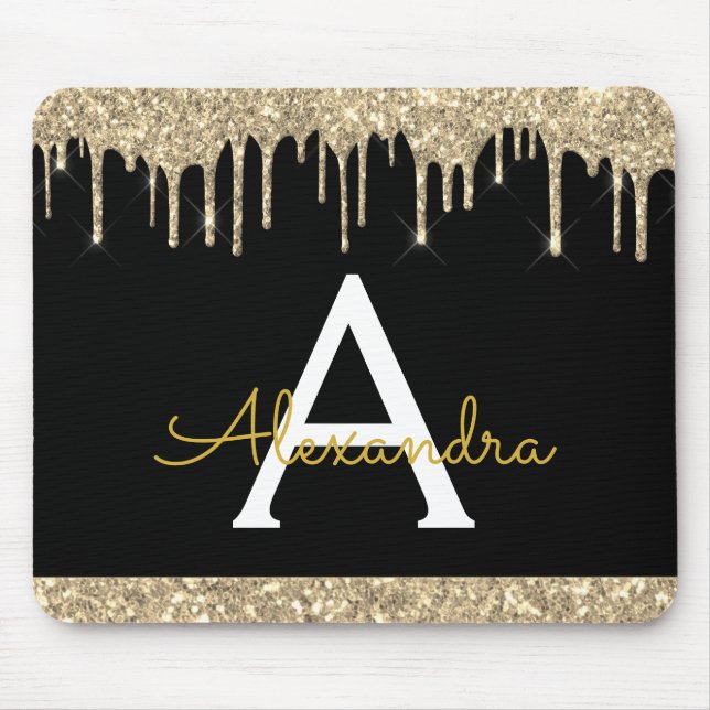 Modern Black Gold Sparkle Glitter Monogrammed Mouse Pad (Front)