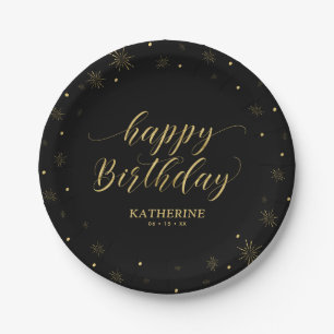 Modern Black & Gold Sparkle Happy Birthday Party Paper Plate