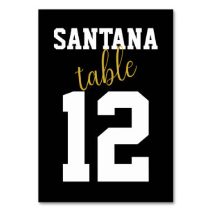 Modern Black Gold Sporty Custom Wedding Table Name Table Number