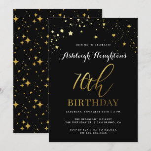 Modern Black & Gold Star Confetti 70th Birthday Invitation