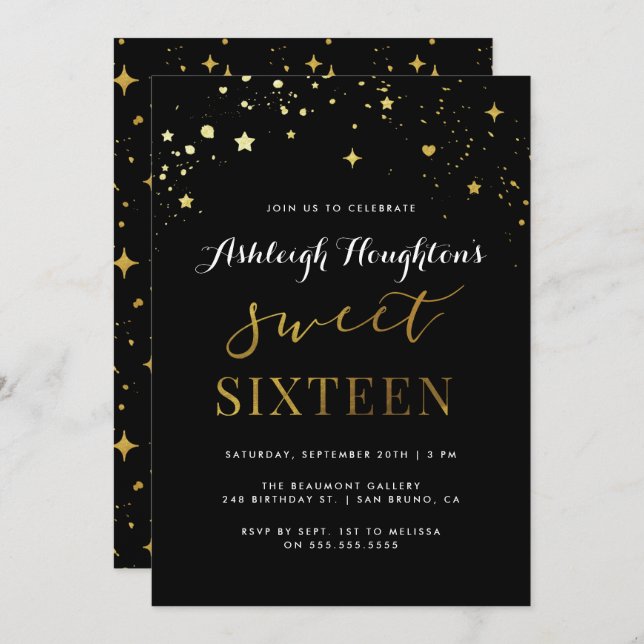 Modern Black & Gold Star Confetti Sweet 16 Invitation (Front/Back)