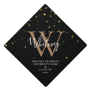 Modern Black Gold Stars Script Monogram Graduation Cap Topper