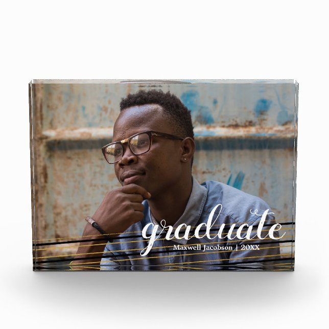 Modern Black & Gold Striped Graduate Photo Block (Front)