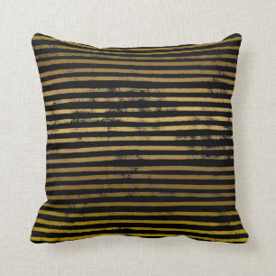Modern Black Gold Stripes Faux Metallic Grunge Throw Pillow