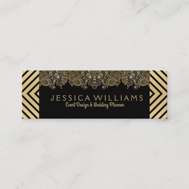 Modern Black & Gold Stripes & Lace Mini Business Card (Front)