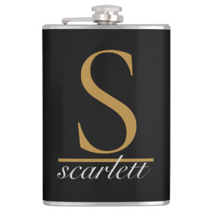 Modern Black Gold Stylish Monogram Girly Script Hip Flask