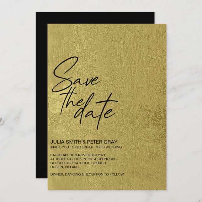 Modern Black & Gold Textured Save The Date Invitation (Front/Back)