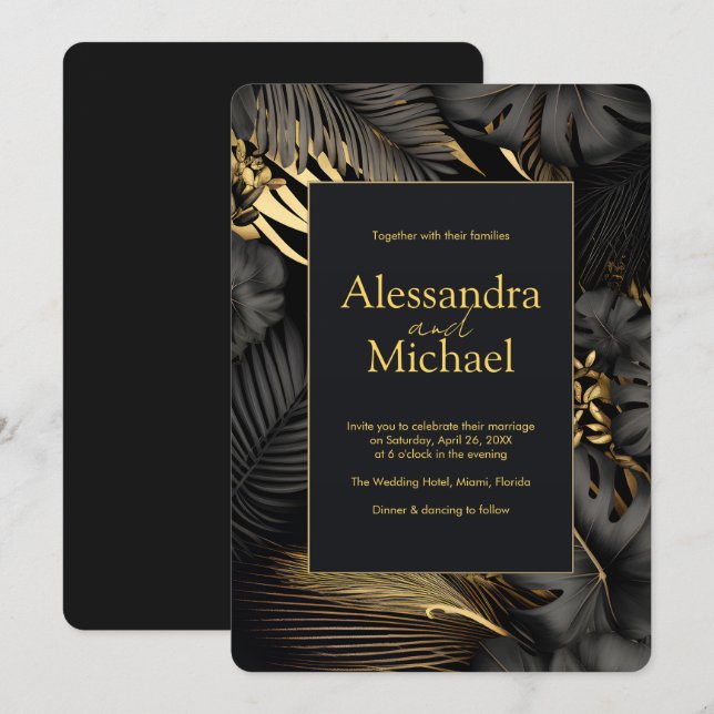 Modern Black Gold Tropical Leaves Wedding Invitation (Front/Back)