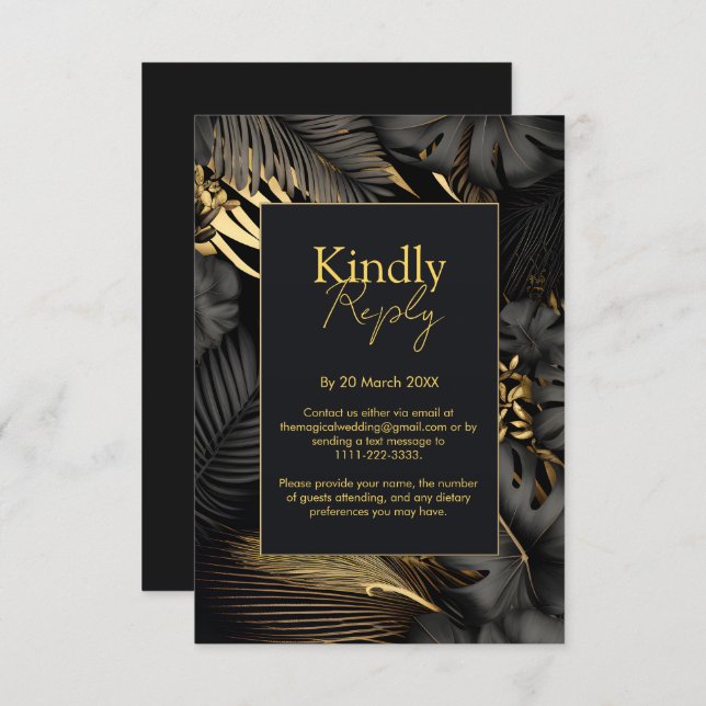 Modern Black Gold Tropical Leaves Wedding RSVP Card (Front/Back)
