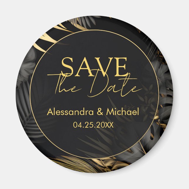 Modern Black Gold Tropical Wedding Save The Date Magnet (Front)