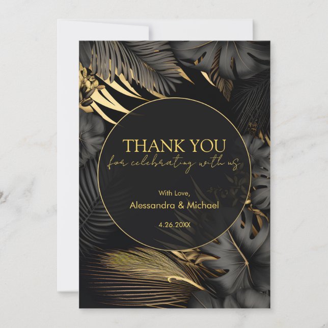 Modern Black Gold Tropical Wedding Thank You (Front)