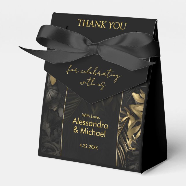 Modern Black Gold Tropical Wedding Thank You Favor Box (Front Side)