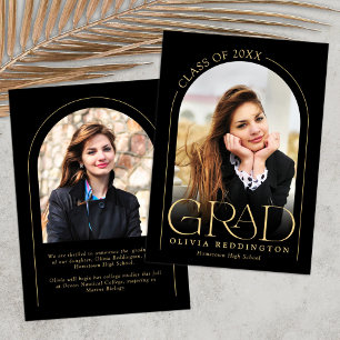 Modern Black Gold Typography 2 Photo Arch Grad Announcement
