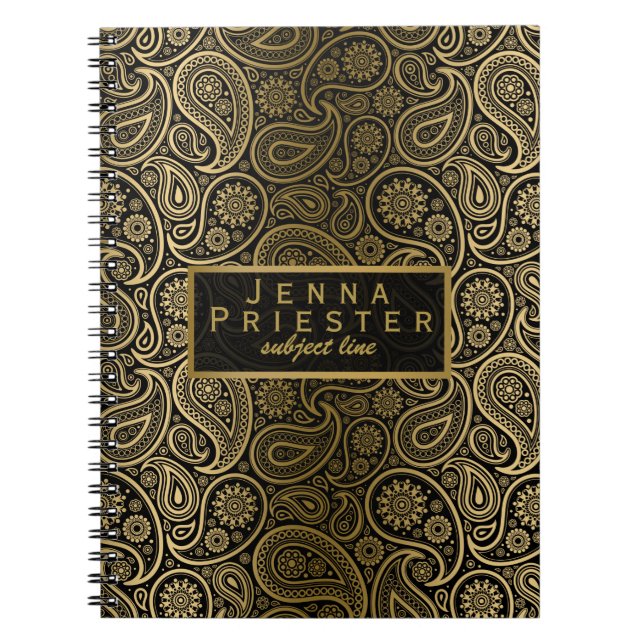 Modern Black & Gold Vintage Paisley Pattern Notebook (Front)