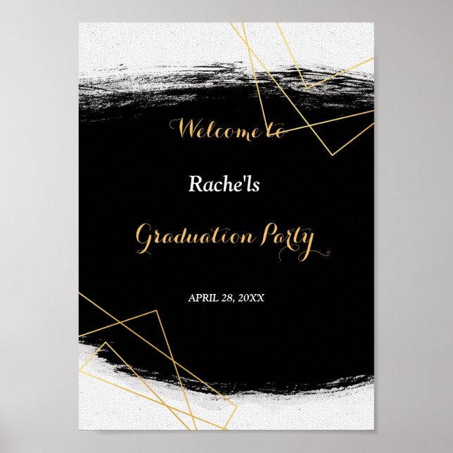 Modern Black & Gold Watercolor Geometri Graduation Poster (Front)