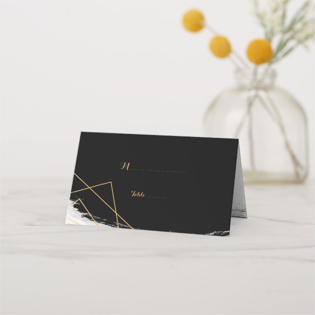 Modern Black & Gold Watercolor Geometri Place Card (Front)